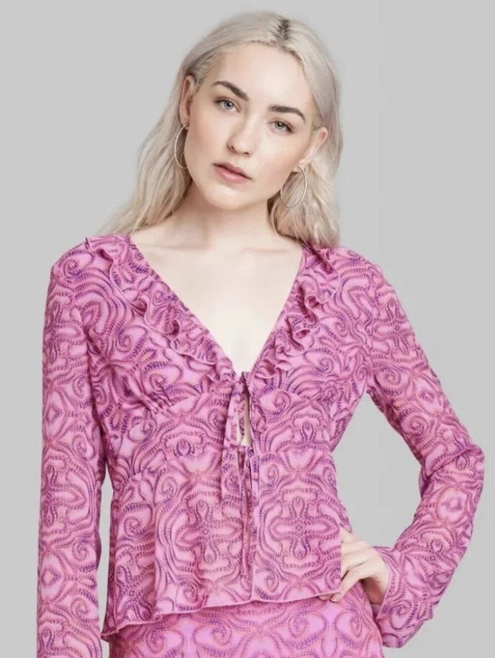 Wild Fable Women's Bell Long Sleeve Tie-Front Pink Boho Summer Ruffle Blouse XS⁰